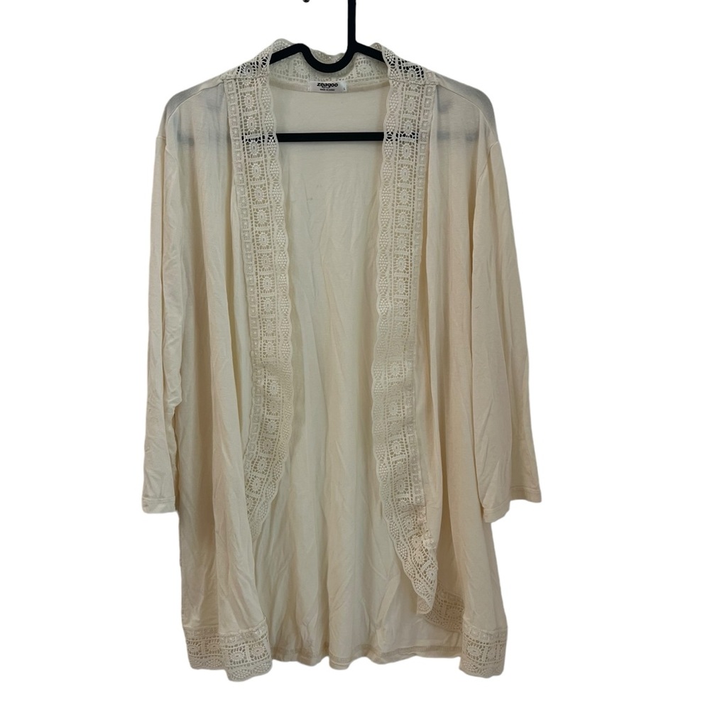 2/$15 L White 3/4 Long Sleeve Open Front Cardigan Sweater lace edges